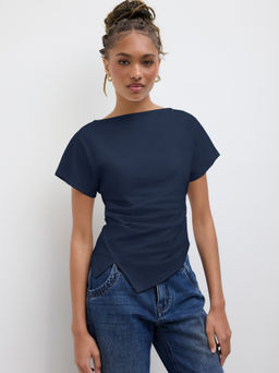 Cider - Cotton-blend Boat Neck Ruched Asymmetrical Hem Tee
