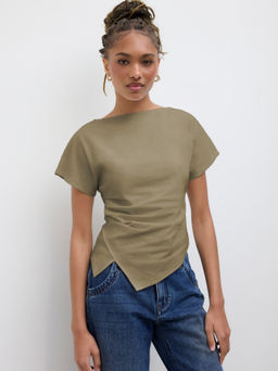 Cider - Cotton-blend Boat Neck Ruched Asymmetrical Hem Tee