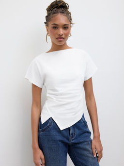 Cider - Cotton-blend Boat Neck Ruched Asymmetrical Hem Tee