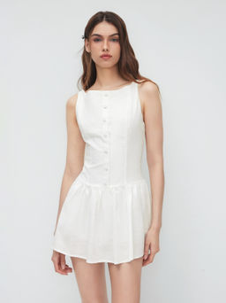 Cider - Linen-blend Boat Neck Backless Ruffle Mini Dress
