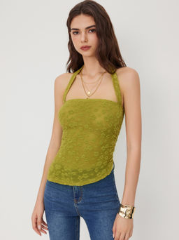Cider - Halter Neckline Floral See-Through Asymmetrical Hem Top
