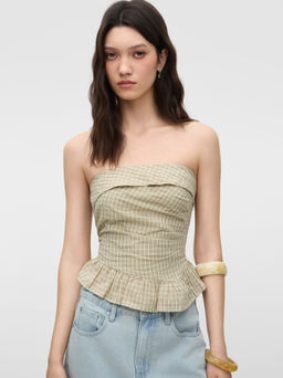 Cider - Plaid Ruched Asymmetrical Hem Fold Over Bandeau Top