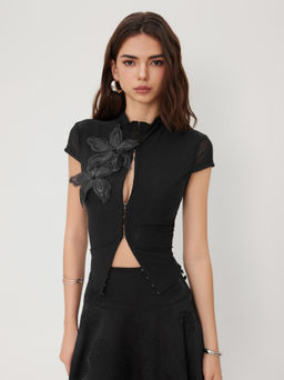 Cider - Mesh Stand Collar Sequin Flower See-through Tie Front Top