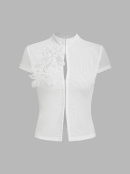 Cider - Mesh Stand Collar Sequin Flower See-through Tie Front Top