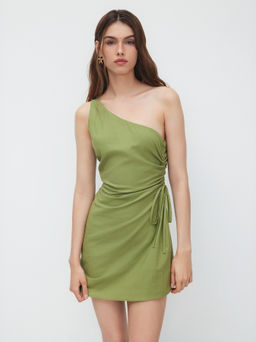 Cider - Linen-blend Asymmetrical Neck Drawstring Ruched Mini Dress