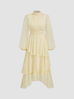 Cider - Chiffon Stand Collar Ruched Layered Asymmetrical Hem Midi Dress