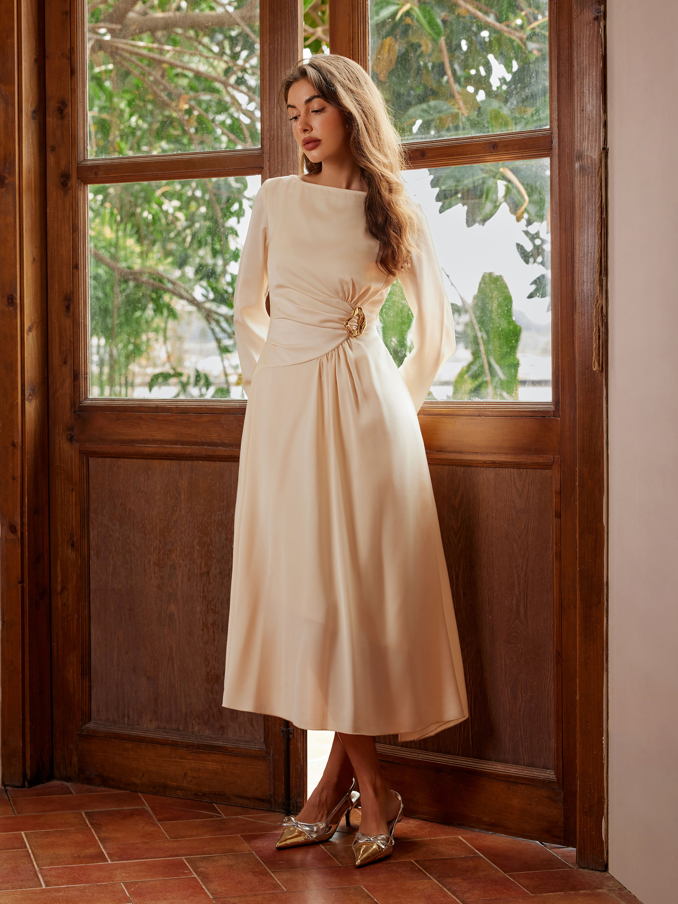 cider Satin Boat Neck Metal Detail Ruched Knotted Ruffle Dress-picture-12