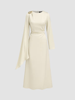 Cider - Satin Boat Neck Asymmetrical Sleeve Ruched Metal Detail Dress