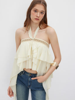 Cider - Halter Neckline Ruffle Hem Shirred Knotted Bandeau Top