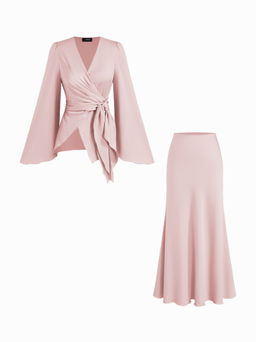 Cider - Satin V-neck Asymmetrical Hem Tie Waist Top & Mid Rise Mermaid Maxi Skirt