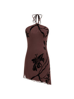 Cider - Mesh Halter Neckline Floral Graphic Knotted Asymmetrical Hem Mini Dress