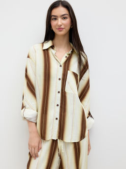 Cider - Linen-blend Collar Stripe Oversized Shirt