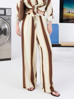 Cider - Linen-blend Mid Rise Stripe Elastic Waist Wide Leg Trousers