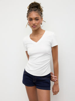 Cider - Cotton-blend V-neck Ruched Baby Tee