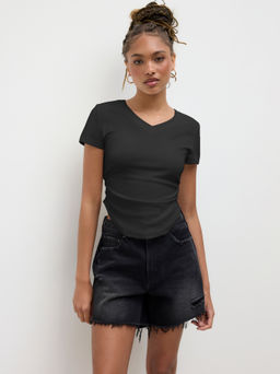 Cider - Cotton-blend V-neck Ruched Curve Hem Baby Tee