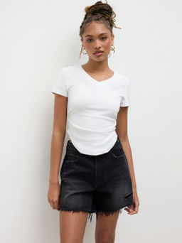 Cider - Cotton-blend V-neck Ruched Curve Hem Baby Tee