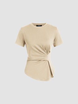 Cider - 100% Cotton Round Neckline Ruched Asymmetrical Hem Tee