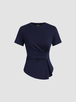 Cider - 100% Cotton Round Neckline Ruched Asymmetrical Hem Tee