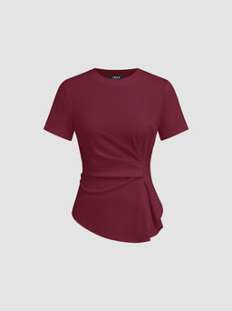 Cider - 100% Cotton Round Neckline Ruched Asymmetrical Hem Tee