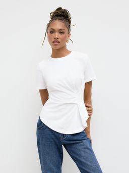 Cider - 100% Cotton Round Neckline Ruched Asymmetrical Hem Tee