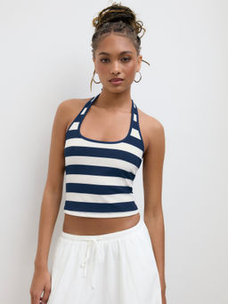 Cider - Cotton-blend Halter Neckline Stripe Knotted Top