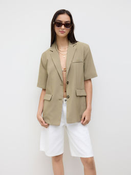Cider - Linen-blend Collar Oversized Mid-length Blazer