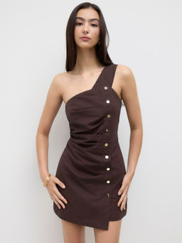 Cider - Linen-blend Asymmetrical Neck Button Ruched Mini Dress