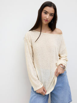 Cider - Linen-blend Boat Neck Oversized Long Sleeve Top