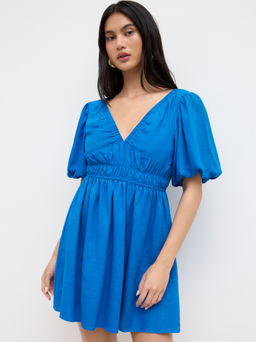 Cider - Linen-blend V-neck Shirred Puff Sleeve Mini Dress