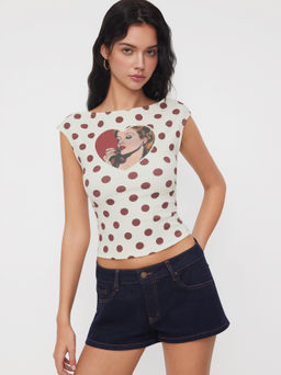 Cider - Cotton-blend Boat Neck Polka Dot Heart Figure Graphic Backless Tee