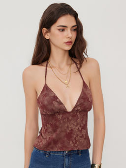Cider - Satin V-neck Floral Knotted Backless Top