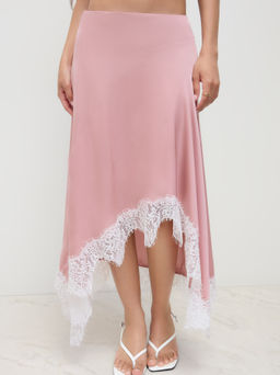 Cider - Satin Mid Rise Lace Trim Midi Skirt