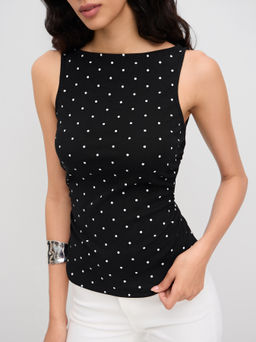 Cider - Cotton-blend Boat Neck Knotted Polka Dot Ruched Tank Top