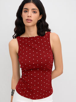 Cider - Cotton-blend Boat Neck Knotted Polka Dot Ruched Tank Top
