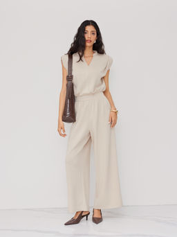 Cider - V-neck Elastic Waist Ruched Straight Leg Jumpsuit