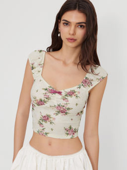 Cider - Mesh V-neck Floral Bow Lace Tee