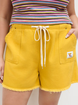 Cider - Denim Mid Rise Drawstring Raw Hem Micro Shorts Curve & Plus