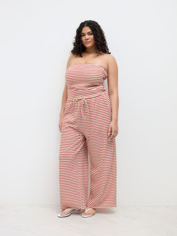 Cider - Bandeau Stripe Ruched Hem Top & Mid Rise Knotted Trousers Curve & Plus