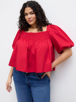 Cider - 100% Cotton Shirred Knotted Puff Mid-length Sleeve Oversized Blouse Curve & Plus