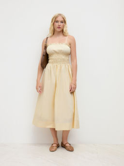 Cider - Linen-blend Shirred Lettuce Trim Ruffle Midi Dress