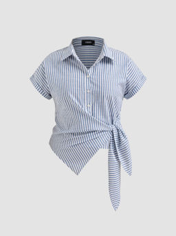 Cider - Cotton-blend Collar Stripe Knotted Short Sleeve Shirt Curve & Plus