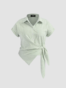 Cider - Cotton-blend Collar Stripe Knotted Short Sleeve Shirt Curve & Plus