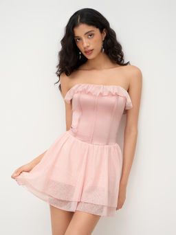 Cider - Satin Bandeau Ruffle Hem Layered Corset Micro Romper
