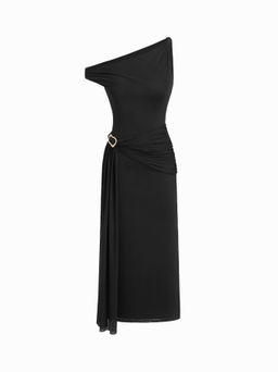 Cider - Mesh Asymmetrical Neck Ruched Draped Dress