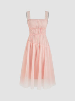 Cider - Two Pieces Mesh Square Neck Ruched Lettuce Trim Dress & Solid Slip Dress