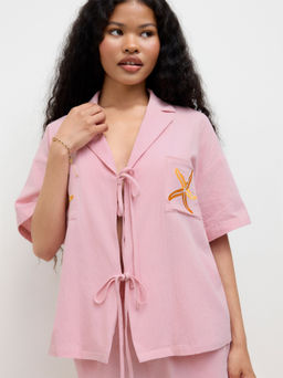 Cider - 100% Cotton Starfish Embroidery Tie Front Shirt