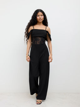 Cider - Square Neck Lace Corset Cami Wide Leg Jumpsuit