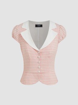 Cider - Cotton V-neck Collar Gingham Button Blouse