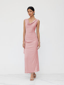 Cider - Cowl Neck Ruffle Hem Split Backless Dress