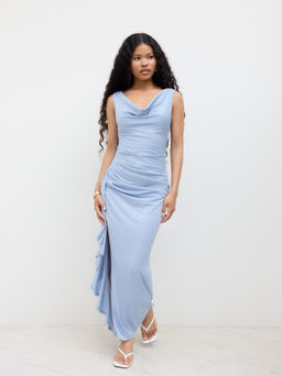 Cider - Cowl Neck Ruffle Hem Split Backless Dress